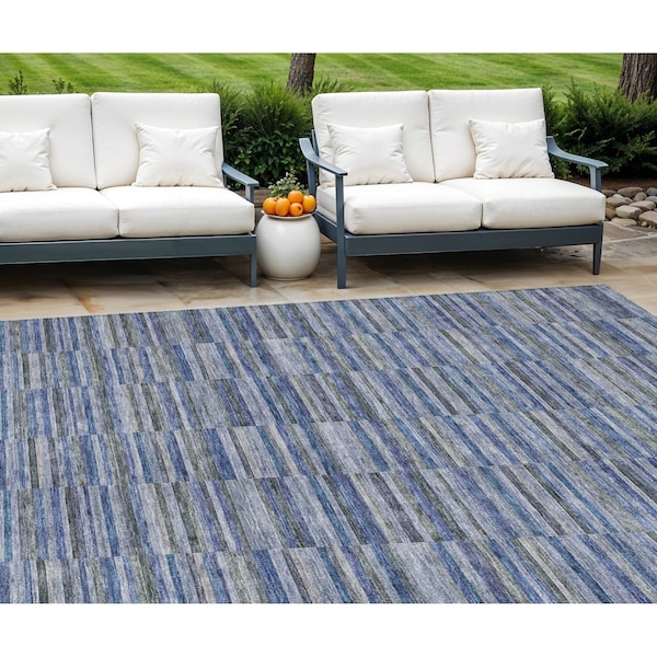 Homeroots 9' X 12' Navy Blue And Denim Blue Striped Washable Indoor Outdoor Area Rug 587912 - main