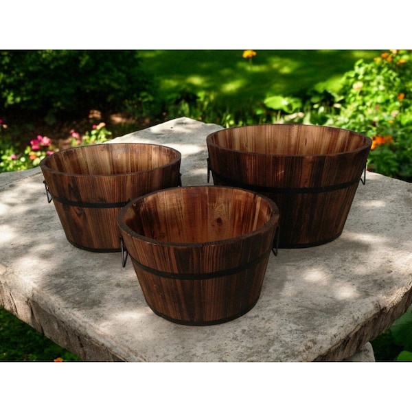 Homeroots Set of Three Natural Wood Indoor Outdoor Round Pot Planters 274843 - main