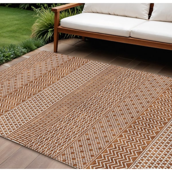 Homeroots 8' X 10' Orange And Ivory Chevron Washable Indoor Outdoor Area Rug 612289 - main