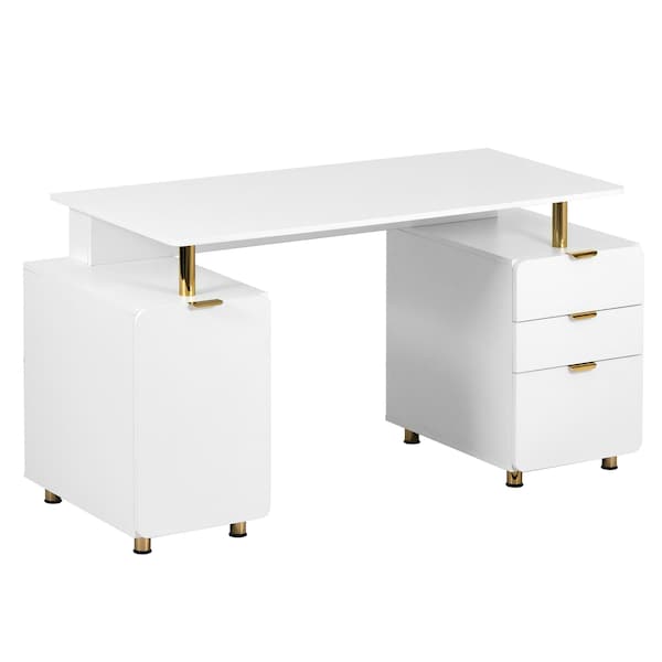 Homeroots 57" White Wood and Stainless Steel Computer Desk With Three Drawers 723772 - main
