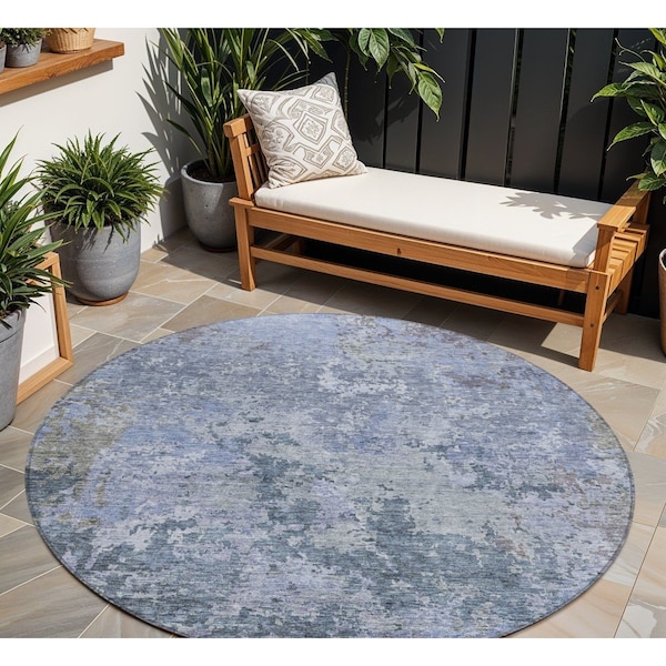 Homeroots 8' Blue And Dark Gray Round Abstract Washable Indoor Outdoor Area Rug 605538 - main