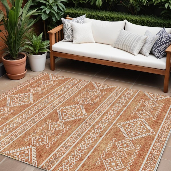 Homeroots 9' X 12' Copper And Ivory Southwestern Washable Indoor Outdoor Area Rug 593664 - main