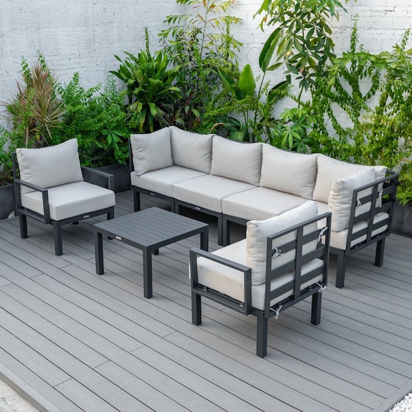 Leisuremod Chelsea 7-Piece Patio Sectional And Coffee Table Set Black Aluminum With Cushions, Beige CSTBL-7BG - main