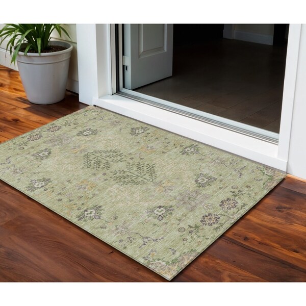 Homeroots 3' X 5' Artichoke Green Brown And Beige Floral Washable Indoor Outdoor Area Rug 605443 - main