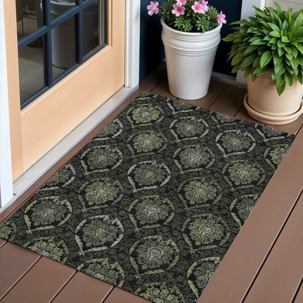 Homeroots 3' X 5' Green Gray And Charcoal Medallion Washable Indoor Outdoor Area Rug 587704 - main