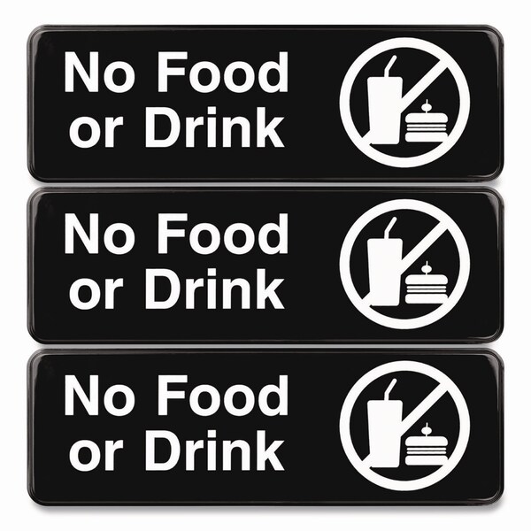 Excello Global Products No Food or Drink Wall Sign, 9in x 3in, Black Face, White Graphics, 3PK EGP-HD-0267-S - main