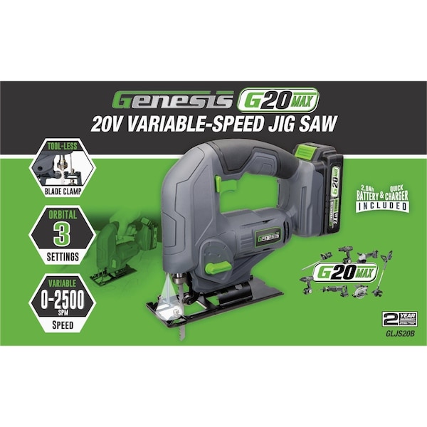 Genesis 20V Cordless Jig Saw Kit with 2.0 Ah Battery & Charger GLJS20B - main