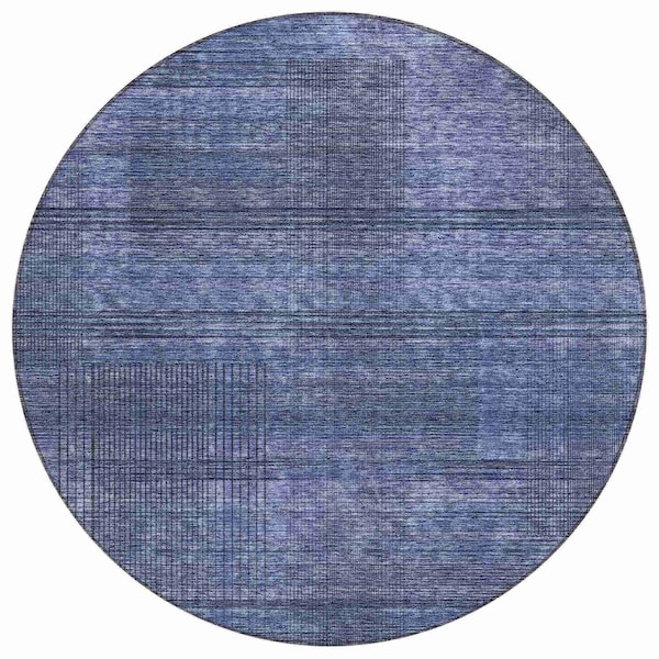 Homeroots 8' Navy Blue And Gray Round Striped Washable Indoor Outdoor Area Rug 588102 - main