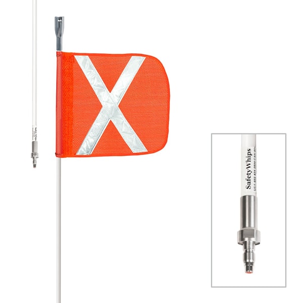 Safetywhips Warning Whip Heavy Duty Whip with Flag, White Whip, Orange Flag, White Reflective X, 120 Length SW10QD-SXW - main