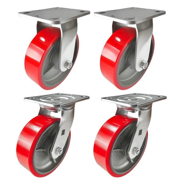 Hyw Products Heavy Duty Caster Set 6in Red Polyurethane on Cast Iron Wheels, 2 Rigid & 2 Swivel with Brake, 4PK 40-60R-A1-PC-2,40-60S-A1-PC-TB-2 (R) - main
