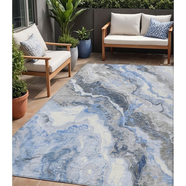 Homeroots 5' X 8' Blue And Silver Abstract Washable Indoor Outdoor Area Rug 618419 - main