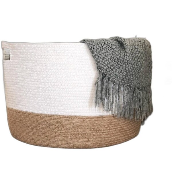 Homeroots 15" White and Natural Jute Woven Rope Basket 399238 - main