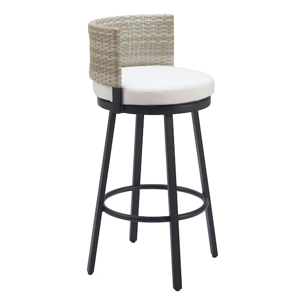 Homeroots 31" Black Natural and White Aluminum And Faux Rattan Swivel Bar Height Bar Chair 668808 - main