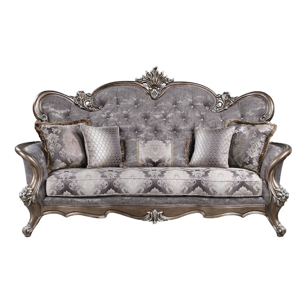 Homeroots 90" White Cotton Blend Damask Sofa And Toss Pillows With Bronze Legs 491341 - main