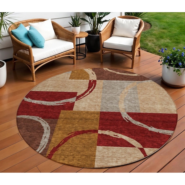 Homeroots 8' Wheat And Burgundy Round Geometric Washable Indoor Outdoor Area Rug 612601 - main