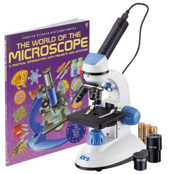 Amscope IQCrew by M50 Monocular Compound Microscope Blue 40X-1000X w/Digital Eyepiece and Book M50C-B-WM-E - main