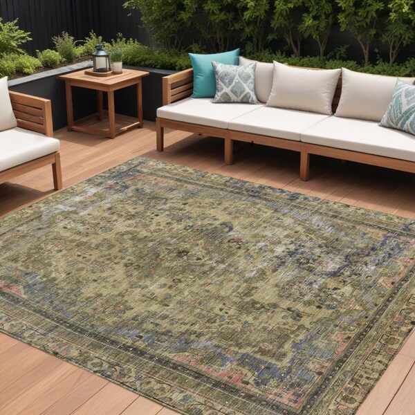 Homeroots 10' X 14' Artichoke Green And Denim Blue Medallion Washable Indoor Outdoor Area Rug 616045 - main