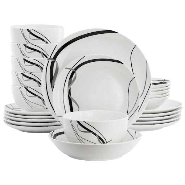 Elama Sarah 24 Piece Porcelain Black Ribbon Double Bowl Dinnerware Set in White and Black 750123739M - main