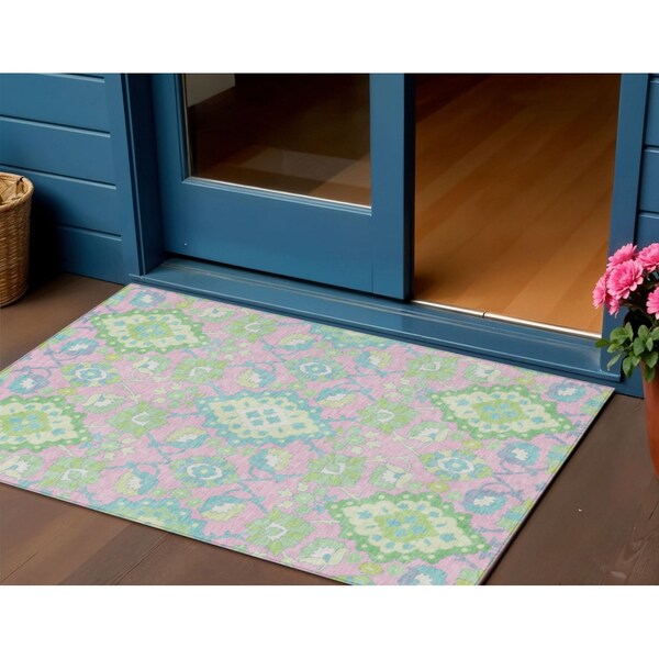 Homeroots 3' X 5' Pink Green And Blue Oriental Washable Indoor Outdoor Area Rug 597704 - main