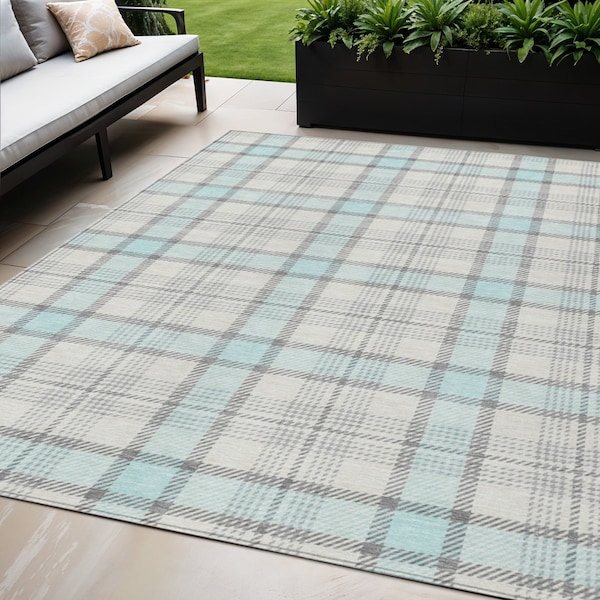 Homeroots 5' X 8' Sky Blue And Gray Plaid Washable Indoor Outdoor Area Rug 601363 - main