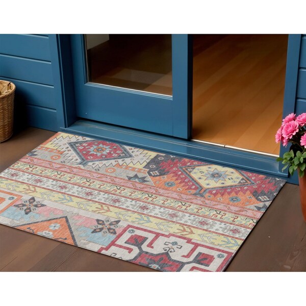 Homeroots 3' X 5' Linen Pink And Yellow Aztec Washable Indoor Outdoor Area Rug 598472 - main
