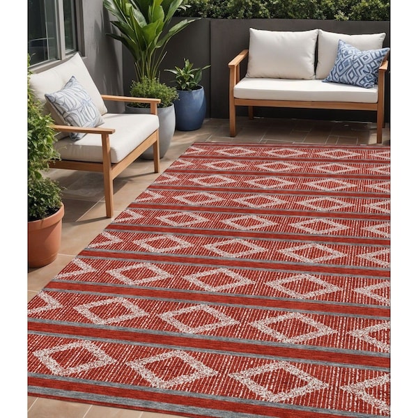 Homeroots 5' X 8' Red Ivory And Gray Geometric Washable Indoor Outdoor Area Rug 599665 - main