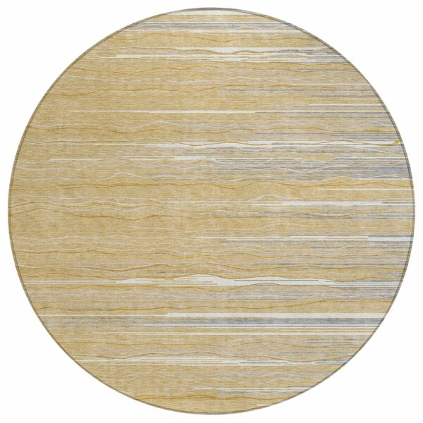 Homeroots 8' Gold Gray And Ivory Round Striped Washable Indoor Outdoor Area Rug 597243 - main