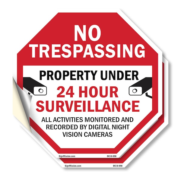 Signmission No Trespassing Property Under 24 Ho, 10 inch X 10 inch, Vinyl Decal, 2PK OC-D-2PACK-10-98 - main