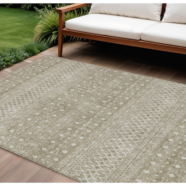 Homeroots 10' X 14' Taupe Green And Ivory Tribal Washable Indoor Outdoor Area Rug 582655 - main