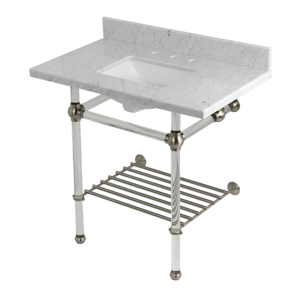 Kingston Brass 36-Inch Carrara Marble Console Sink with Acrylic Legs and Shelf, 8-Inch, 3-Hole KVPB36MASQB8 - main