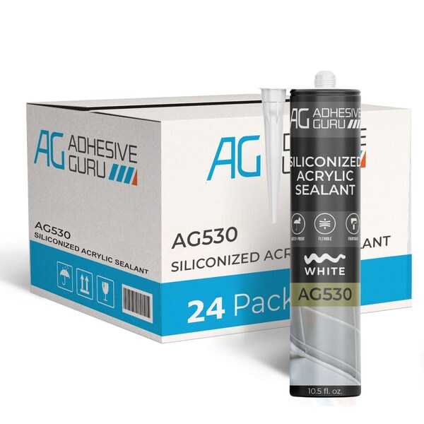 Adhesive Guru AG530 Siliconized Acrylic Sealant 10.5 fl oz., Flexible, Paintable Indoor/Outdoor Caulk, 24PK adgr_SilAcr_AG530_24pk - main