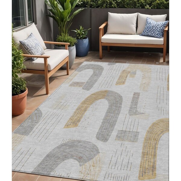 Homeroots 9' X 12' Silver And Gold Geometric Washable Indoor Outdoor Area Rug 618122 - main