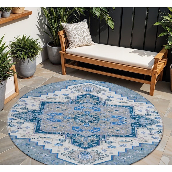 Homeroots 8' Blue Gray And Ivory Round Oriental Washable Indoor Outdoor Area Rug 600146 - main