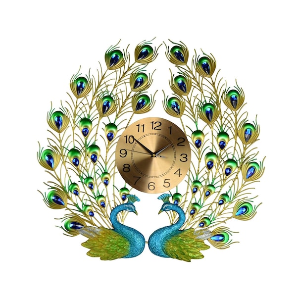 Homeroots 25" Blue Green And Gold Metal Silent Analog Peacock Novelty Wall Clock 626373 - main