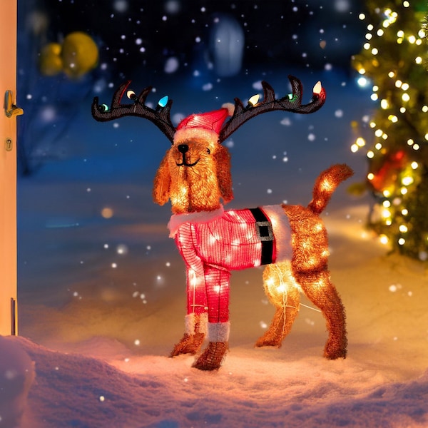 Sunjoy 34 in. Christmas Lighted Fabric Dog, 3D Tinsel Santa Dog Outdoor Garden Yard Lawn D116019500 - main