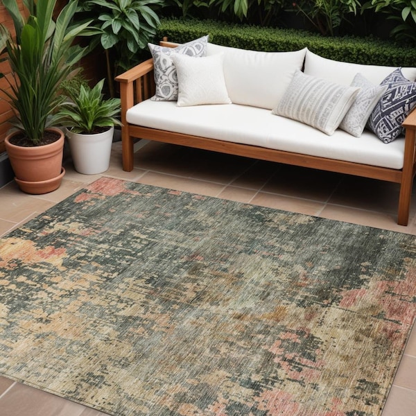 Homeroots 8' X 10' Sage Gray And Pink Abstract Washable Indoor Outdoor Area Rug 606125 - main