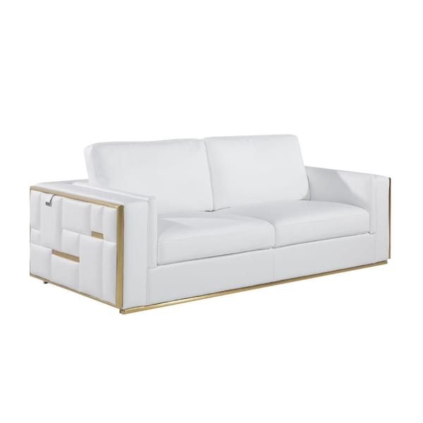 Homeroots 89" White Italian Leather Sofa With Brass Legs 534164 - main