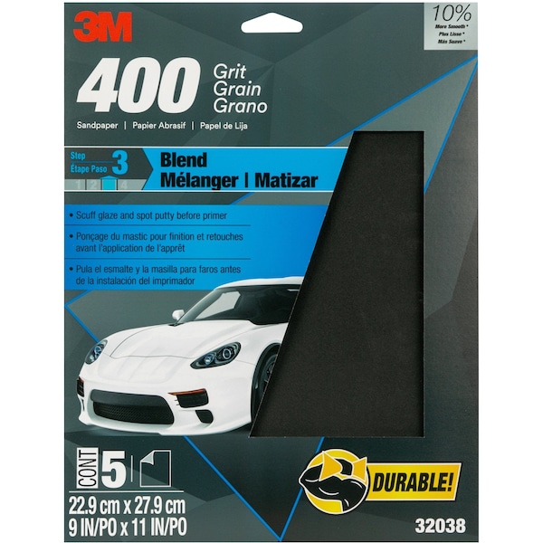 3M 3M Sandpaper, 400 Grit, 9 in x 11 in, 5 per pack, 20 per case, 20PK 32038 - main