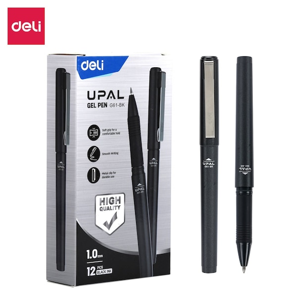 Deli UPAL Gel Pen 1.0mm, Black Ink, Capped, Metal Clip, 12PK EG61-BK - main