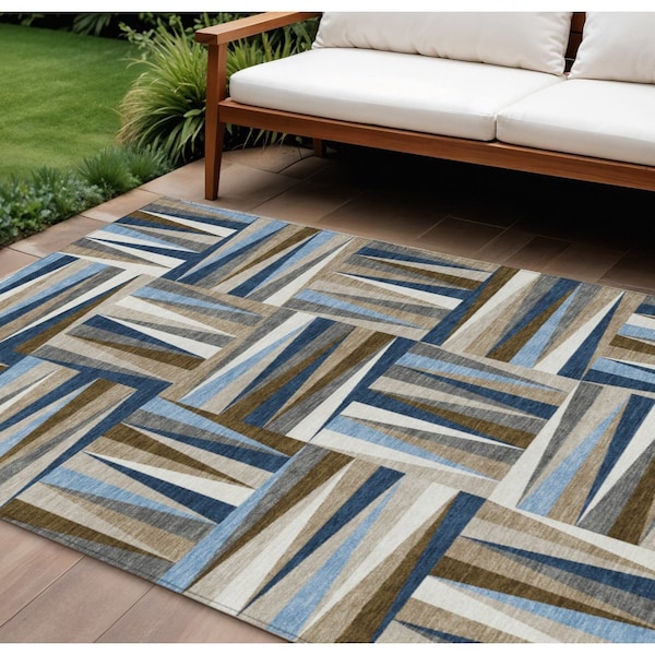 Homeroots 9' X 12' Navy Blue Brown And Beige Geometric Washable Indoor Outdoor Area Rug 598284 - main