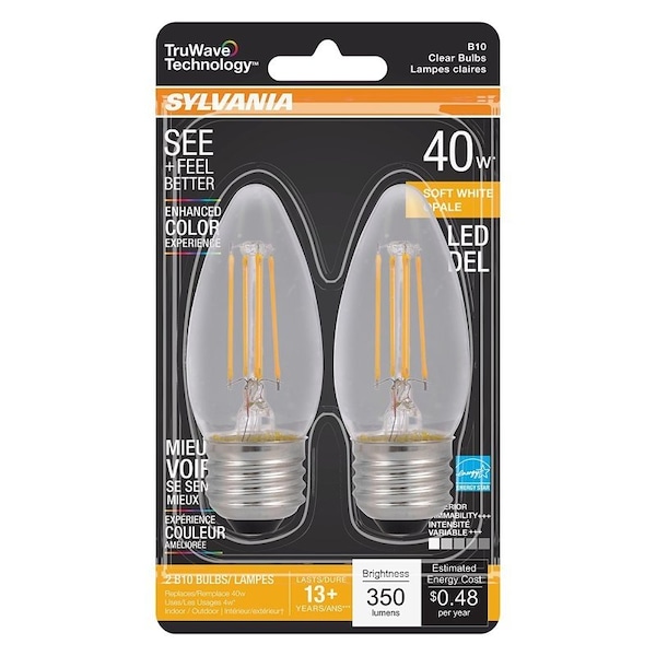 Sylvania Natural LED Bulb, Decorative, B10 Blunt Tip Lamp, 40 W Equivalent, E26 Lamp Base, Dimmable, Clear 40793 - main