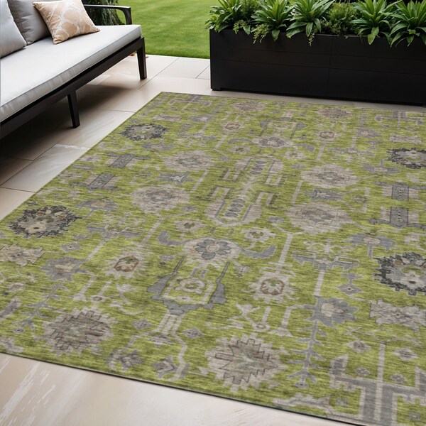 Homeroots 5' X 8' Olive Green Gray And Charcoal Oriental Washable Indoor Outdoor Area Rug 582105 - main