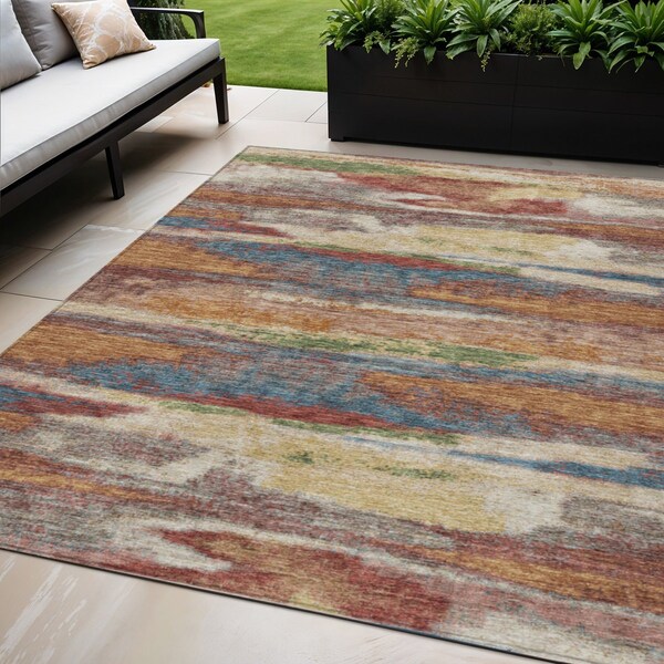 Homeroots 5' X 8' Orange Green And Gold Abstract Washable Indoor Outdoor Area Rug 612540 - main