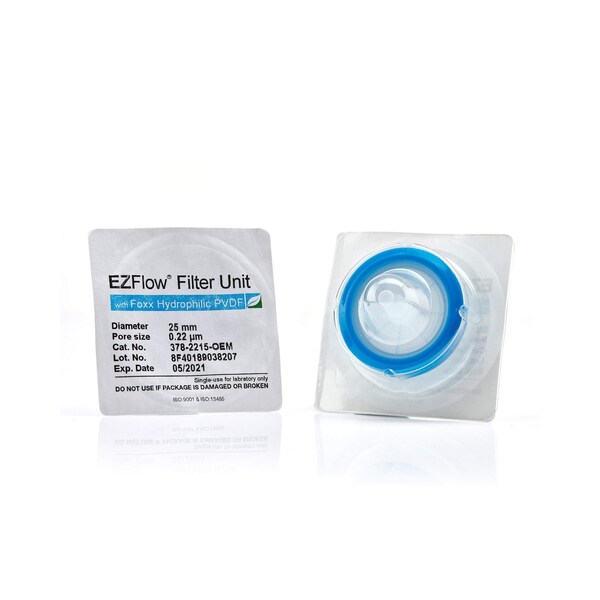 Foxx Life Sciences EZFlow Sterile Hydrophilic PVDF Syringe Filters, 0.22 um Sterilizing Membrane, 25 mm, 100PK 378-2215-OEM - main