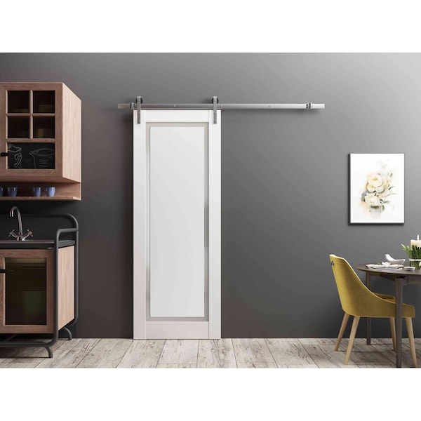 Sartodoors Sturdy Barn Door 28 x 80in, Painted White W/ Frosted Glass, SS 6.6FT Rail Hangers Heavy Set PLANUM0888BD-S-BEM-28 - main