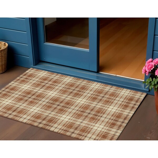 Homeroots 3' X 5' Brown Black And Beige Plaid Washable Indoor Outdoor Area Rug 597129 - main