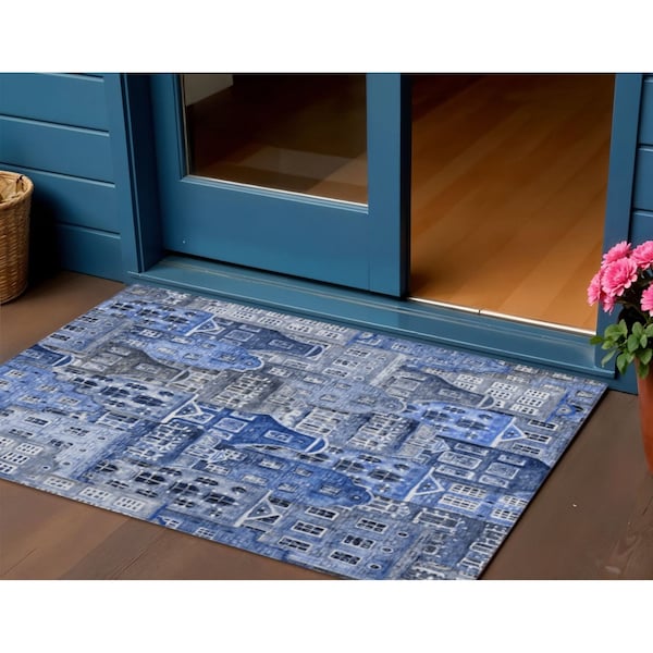 Homeroots 3' X 5' Navy Blue And Sky Blue Village Houses Washable Indoor Outdoor Area Rug 577847 - main