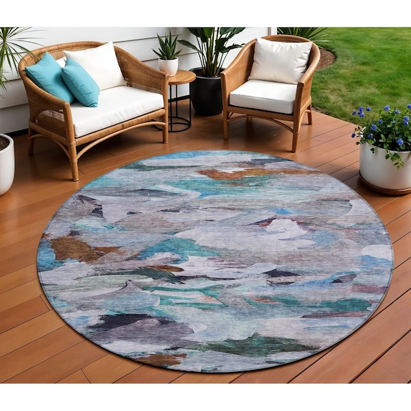 Homeroots 8' Blue Gray And Brown Round Abstract Washable Indoor Outdoor Area Rug 603121 - main