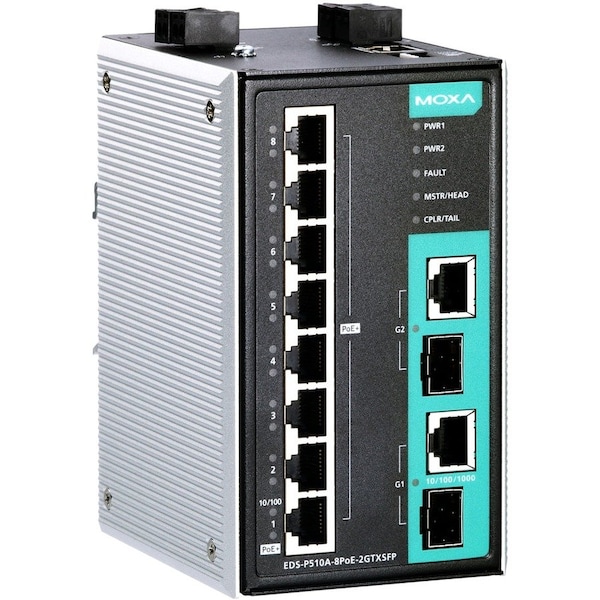 Moxa Mgd Eth. PoeSwtch w/ 8 Poe+Ports, 2 Cmbo Gigabit, Eds-P510A-8Poe-2Gtxsfp EDS-P510A-8PoE-2GTXSFP - main