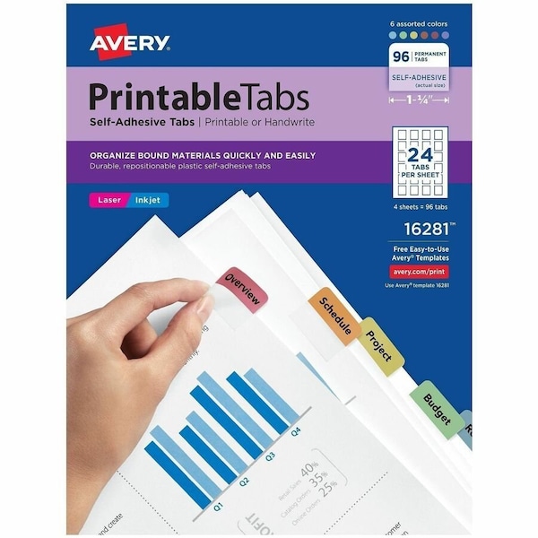 Avery Printable Self-Adhesive Tabs, 1-1/4" Width, Assorted, 96 Tabs/Pack 16281 - main